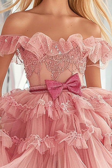 Blush Off the Shoulder Tulle Homecoming Dress with Bow